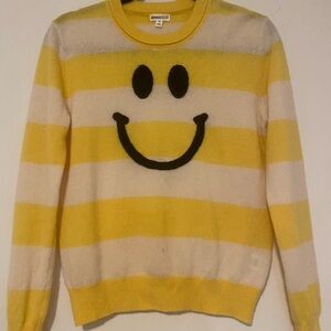 Minnie Rose 100% Cashmere Smiley Face Striped Sweater XS Yellow Cream